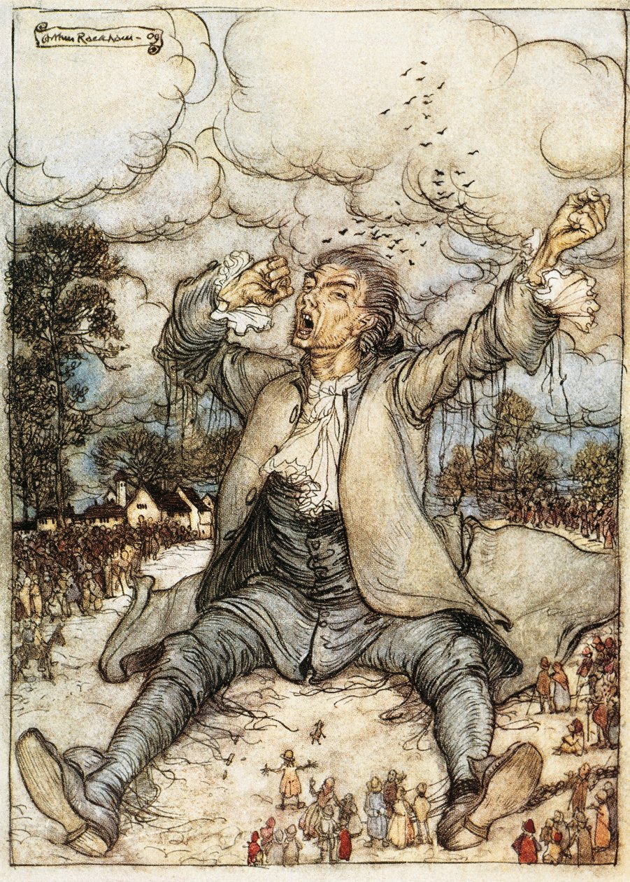 Gulliver vaknar i Lilliput, Illustration från Gullivers resor av Jonathan Swift, av Arthur Rackham av Arthur Rackham