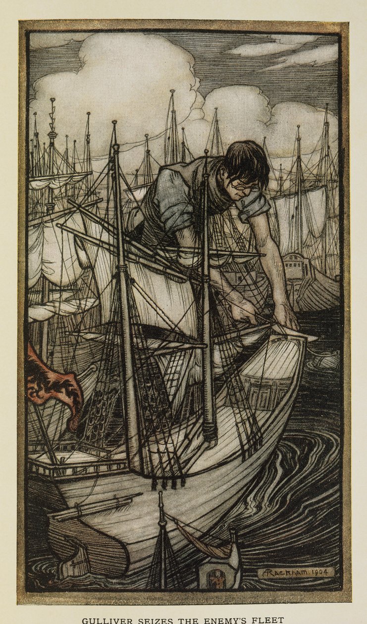Gulliver fångar fiendens flotta, Illustration från Gullivers resor av Jonathan Swift, av Arthur Rackham av Arthur Rackham