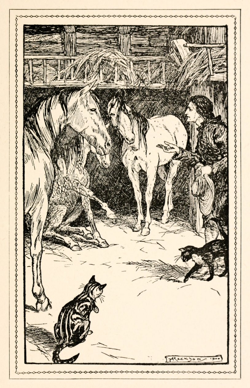 Gulliver har äran att bli förhörd av sina mästars gäster från del IV: A Voyage to the Country of the Houyhnhnms i Gullivers Travels av Jonathan Swift av Arthur Rackham