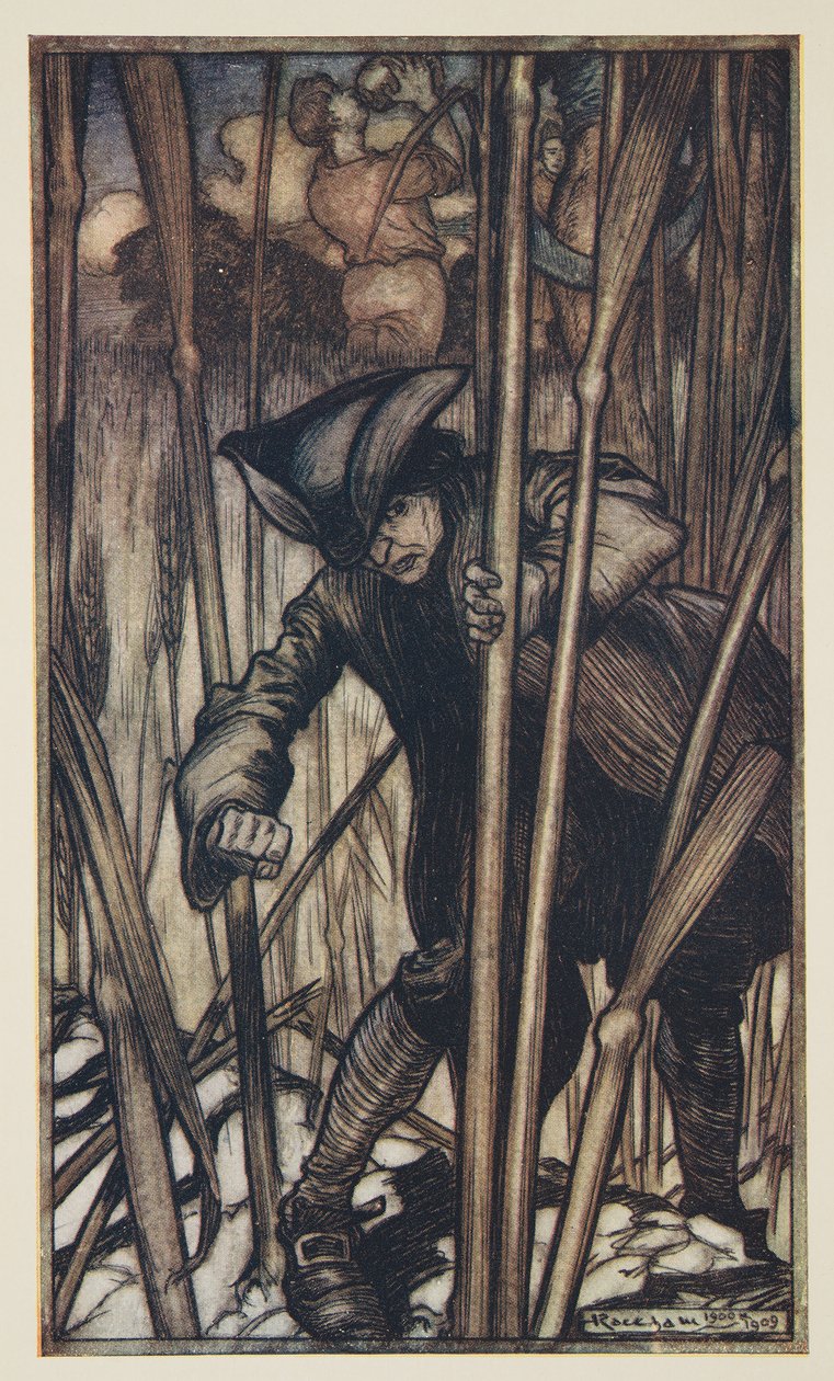 Gulliver slås av rädsla vid första ögonkastet av The Brobdingnagian Reapers, från Gullivers resor av Jonathon Swift (1667 - 1745), pub. 1909 (lito i färg) av Arthur Rackham