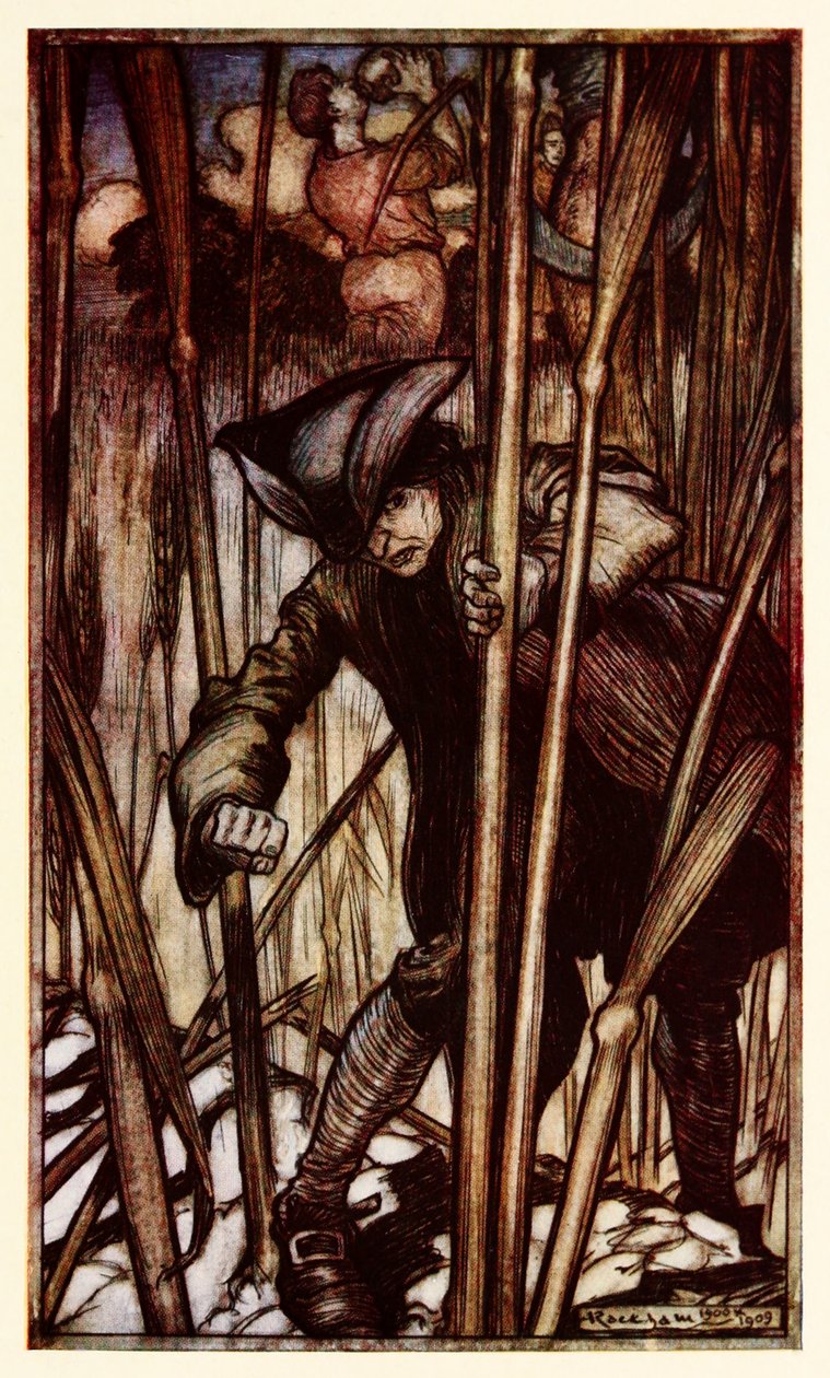 Gulliver slås av rädsla vid första anblicken av Brobdingnagian-skördarna från Del II: A Voyage to Brobdingnag i Gullivers Travels av Jonathan Swift av Arthur Rackham