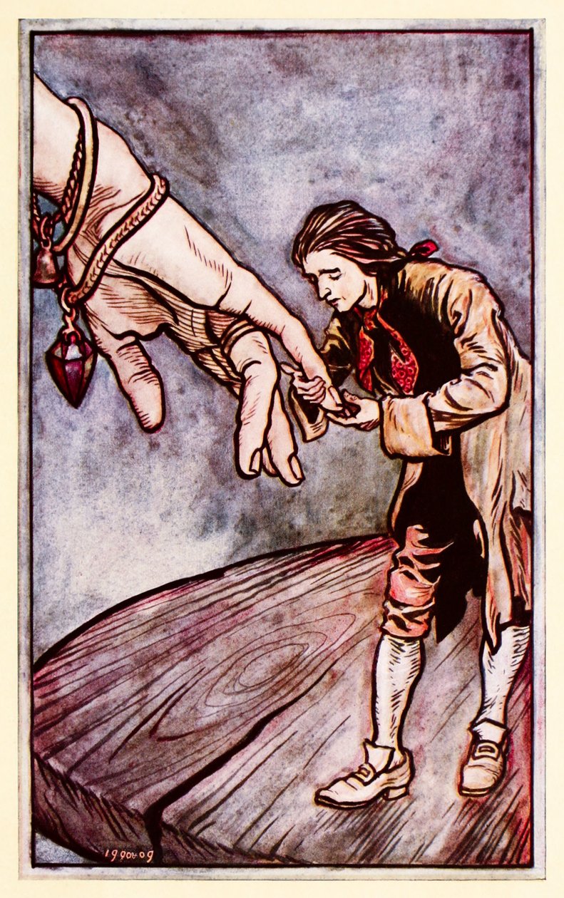 Gulliver kysser drottningen av Brobdingnagian hand från del II: A Voyage to Brobdingnag i Gullivers Travels av Jonathan Swift av Arthur Rackham