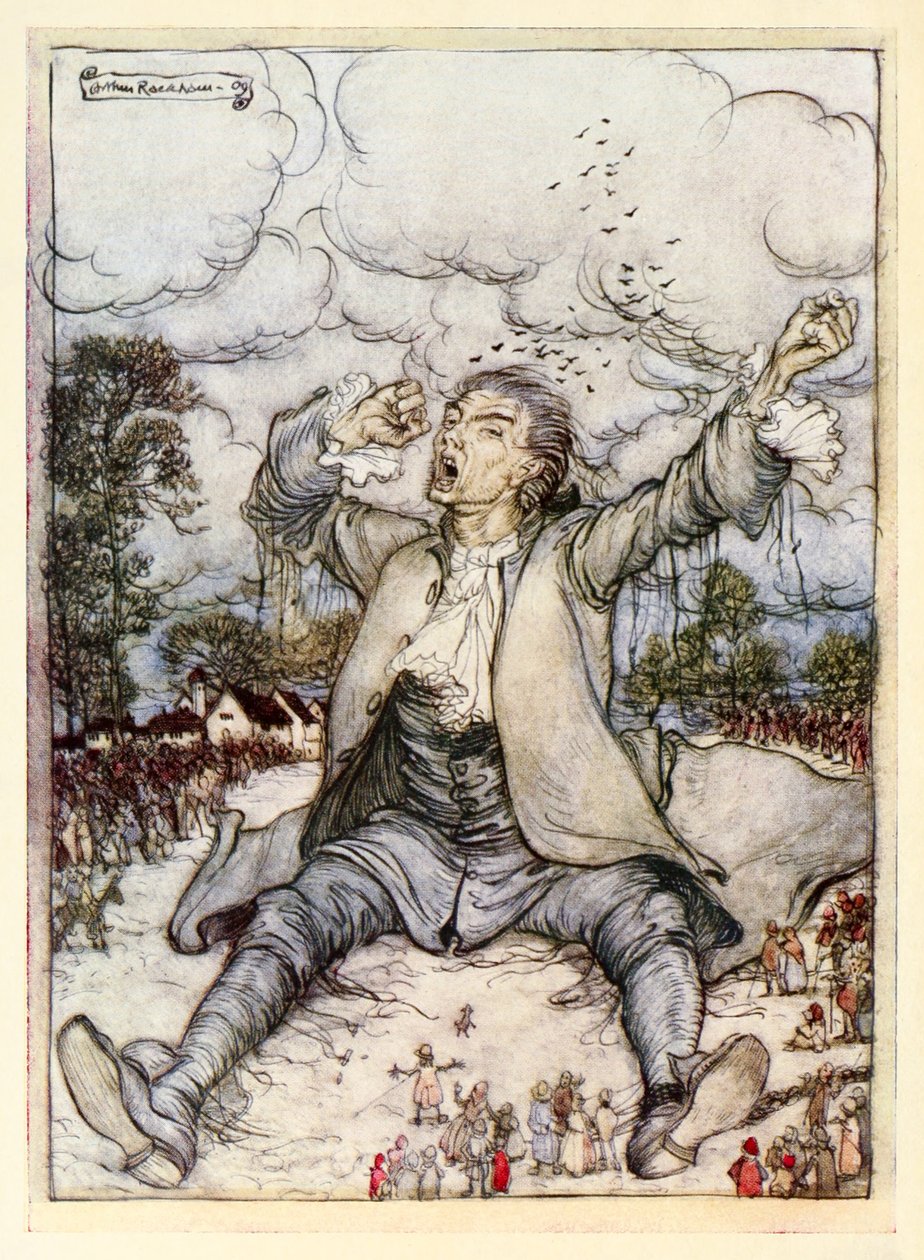 Gulliver släppt från strängarna höjer och sträcker sig från del I: A Voyage to Lilliput i Gullivers Travels av Jonathan Swift av Arthur Rackham