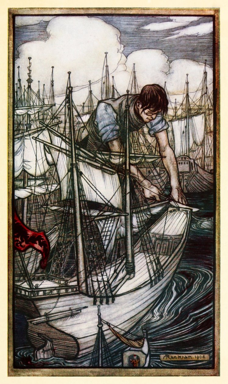 Gulliver griper fiendens flotta från del I: A Voyage to Lilliput in Gullivers Travels av Jonathan Swift av Arthur Rackham
