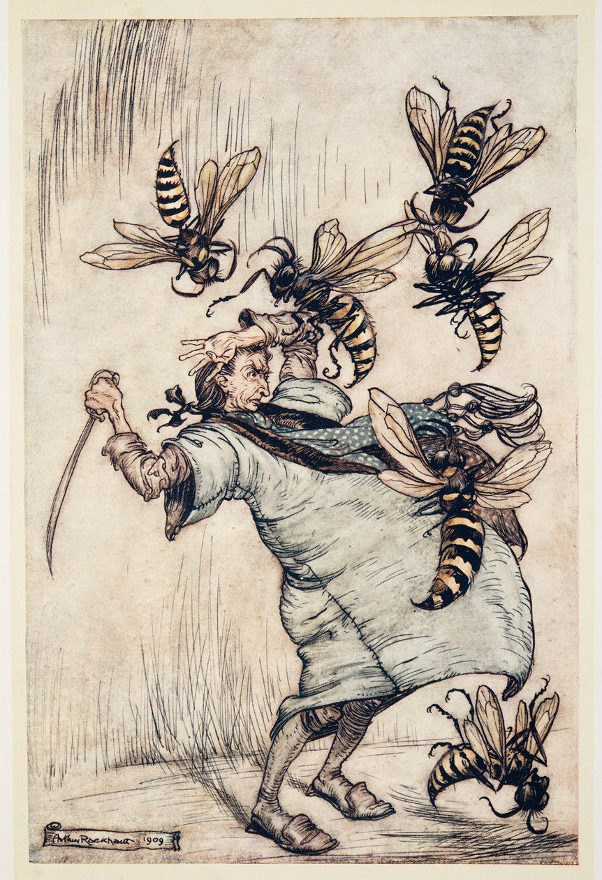 Gullivers strid med getingarna, från Gullivers resor av Jonathon Swift (1667 - 1745), pub. 1909 (lito i färg) av Arthur Rackham