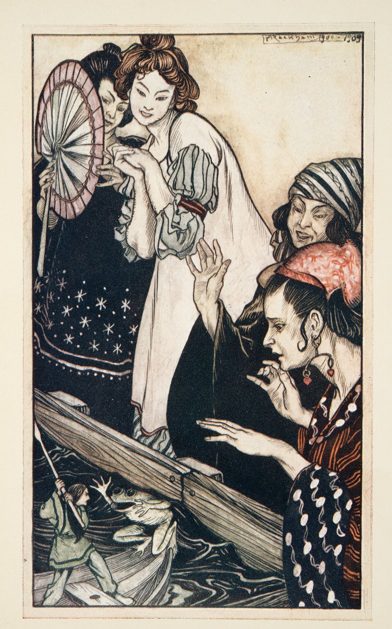 Gullivers möte med grodan, från Gullivers resor av Jonathon Swift (1667 - 1745), pub. 1909 (lito i färg) av Arthur Rackham