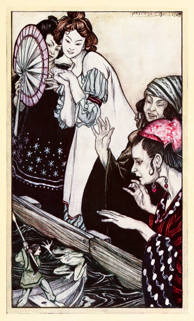Gullivers möte med grodan från del II: A Voyage to Brobdingnag i Gullivers Travels av Jonathan Swift av Arthur Rackham