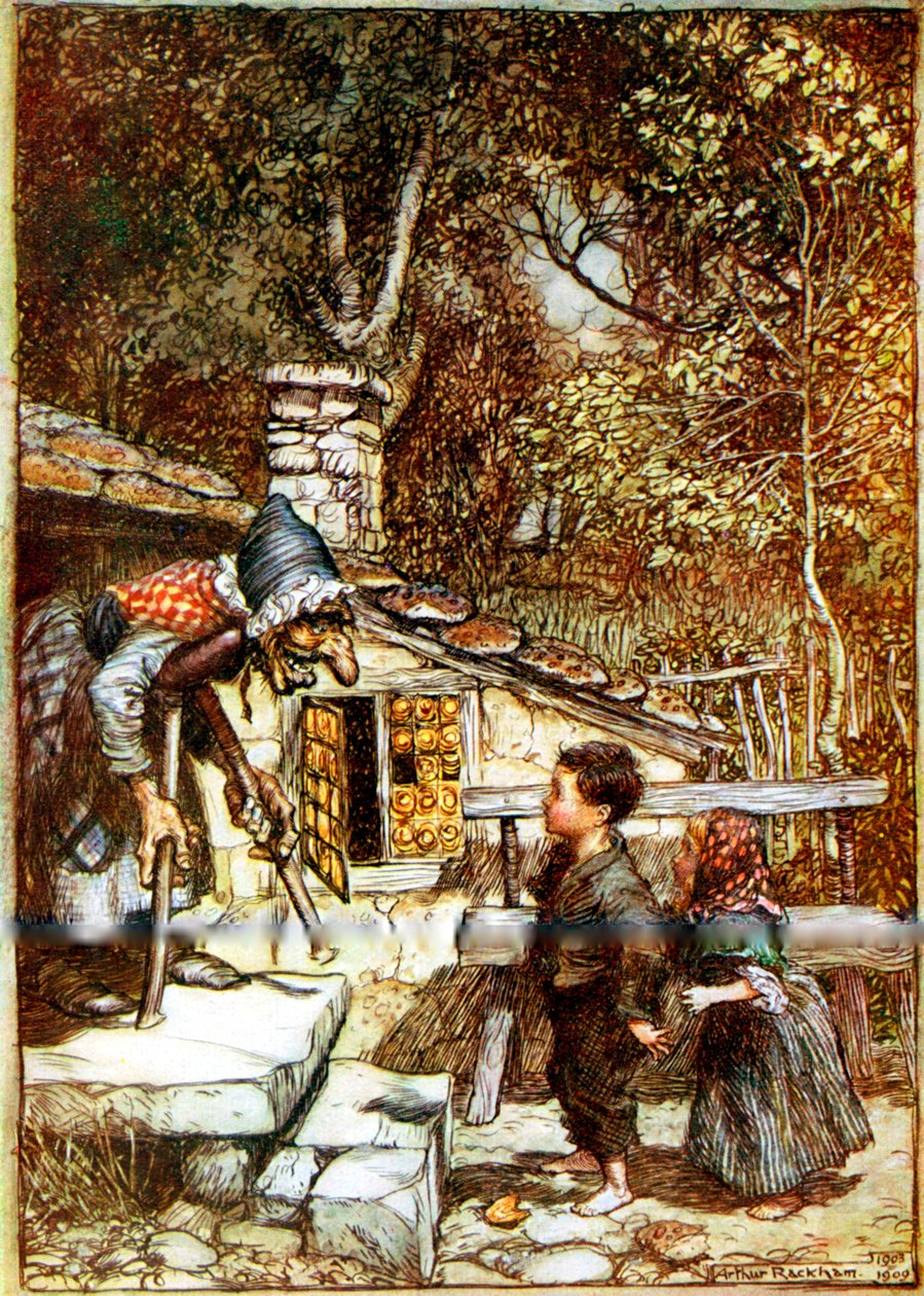 Hansel och Gretel och häxan på tröskeln till hennes stuga av Arthur Rackham