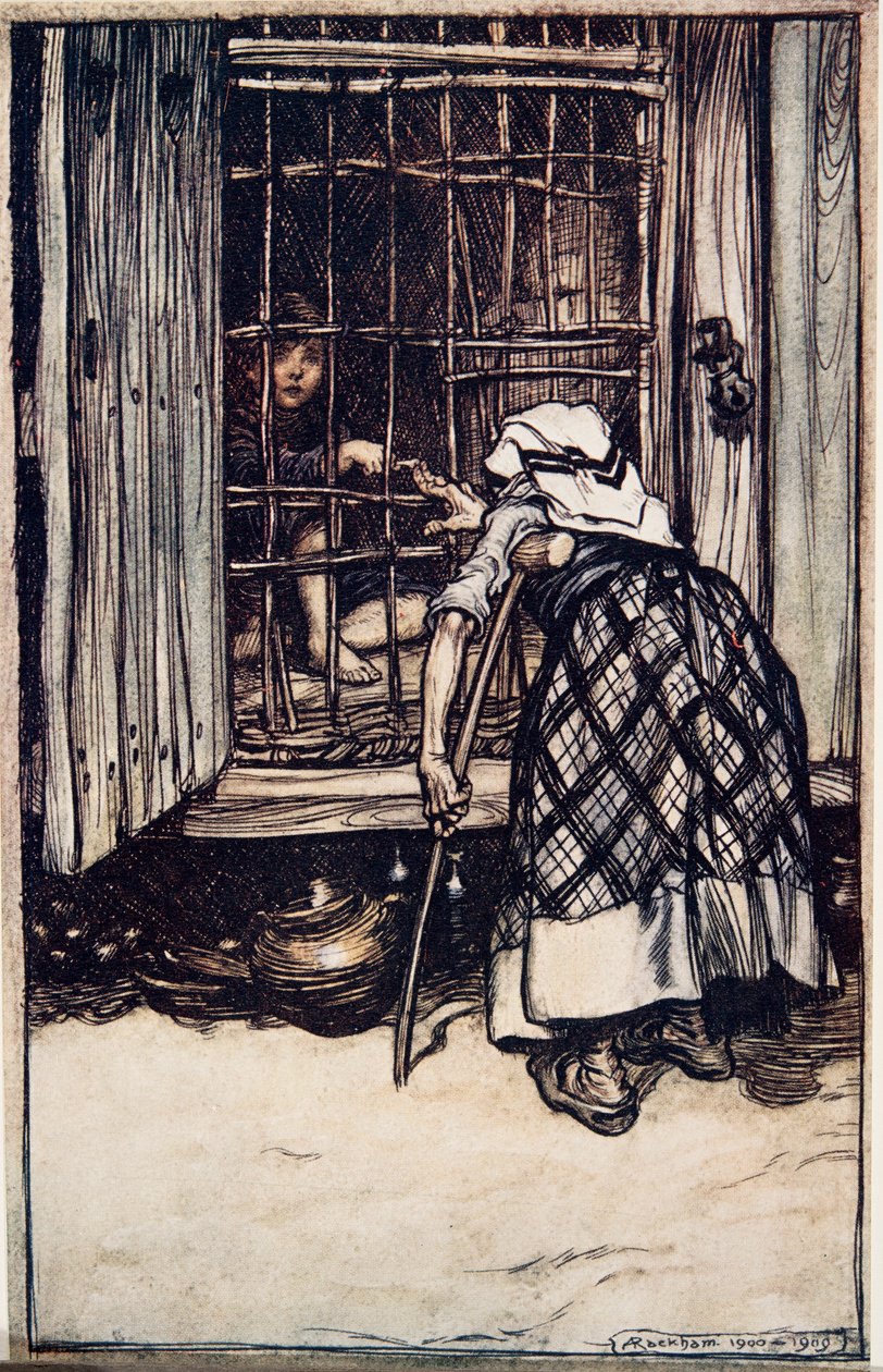 Hansel stack ut ett knogben, och den gamla kvinnan, vars ögon var svaga, kunde inte se och trodde att det var hans finger, och hon var mycket förvånad över att han inte blev tjock ..från The Fairy Tales of the B av Arthur Rackham