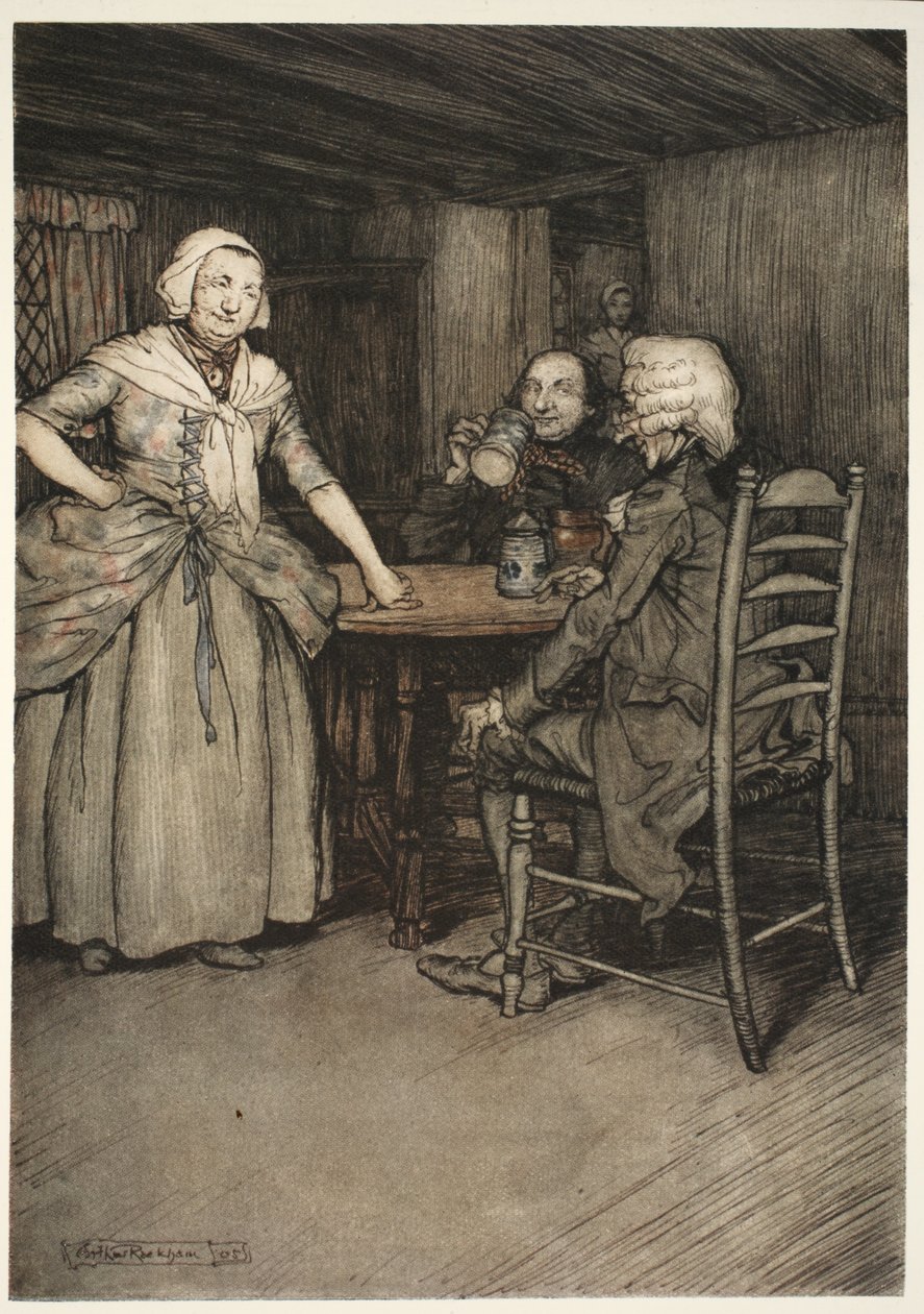 Han fann de gamla borgarna, och ännu mer deras hustrur, rika på den legendariska kärleken så ovärderlig för sann historia. från Rip Van Winkle av Washington Irving, pub. 1910 av Arthur Rackham