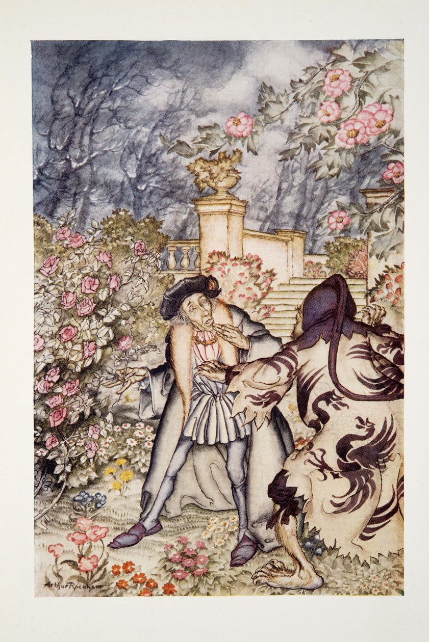 Han hörde ett högt ljud och såg ett odjur komma emot honom, så skrämmande att titta på att han var redo att svimma av rädsla, från The Arthur Rackham Fairy Book, pub. 1933 av Arthur Rackham