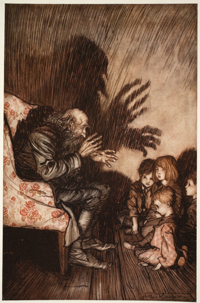 Han föredrog att få vänner bland den uppvuxna generationen, som han snart växte till stor fördel med., från Rip Van Winkle av Washington Irving, pub. 1910 av Arthur Rackham