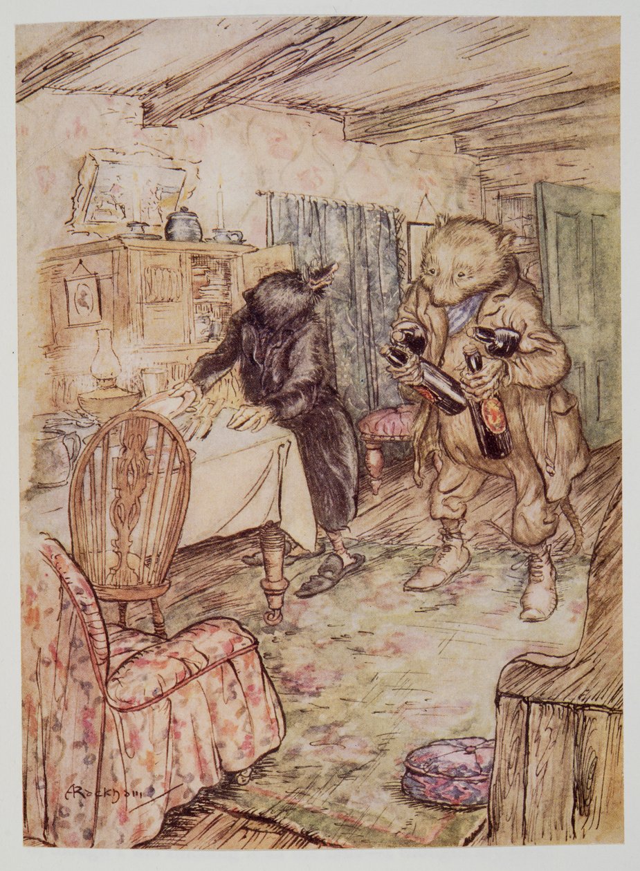 Han dök nu upp igen, något dammig, med en flaska öl i varje tass och en annan under varje arm, från Wind in the Willows av Kenneth Grahame (1859 - 1932), pub. 1940 av Arthur Rackham