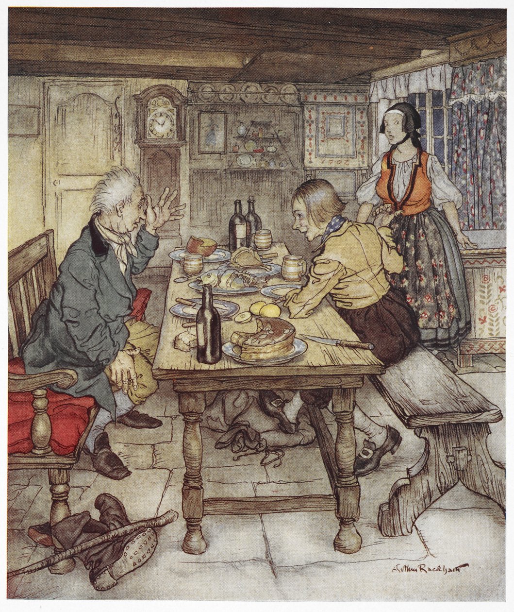 "Han säger att du får gå och öppna kistan i hörnet och du kommer att se djävulen huka inuti den". En bonde och en man känd som lille Claus, sitter vid ett bord, medan bondens fru kommer med mat till dem. Illustration för 