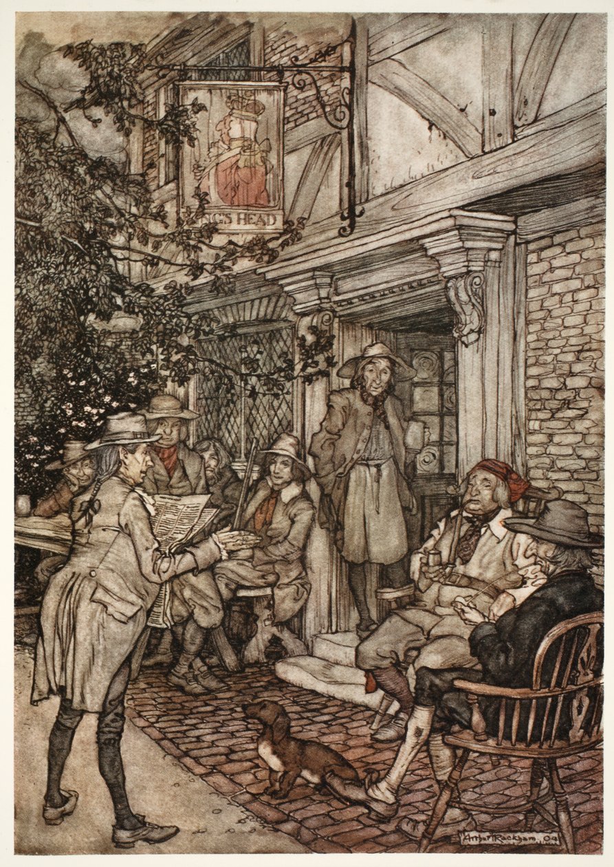 Han brukade trösta sig själv genom att besöka en slags evighetsklubb av vise, filosofer och andra sysslolösa personer, som höll sina sessioner inför ett litet värdshus., från Rip Van Winkle av Washington av Arthur Rackham