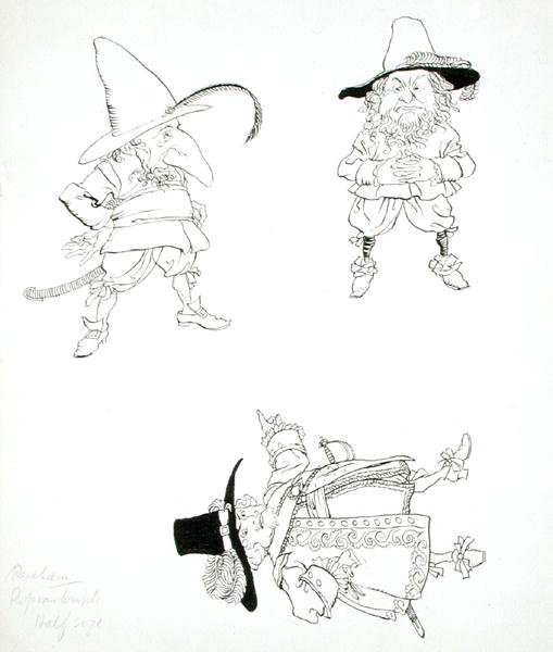 "Han var en kraftig gammal herre med en väderbiten min; han bar en snörrebroderi, ett brett bälte och en hängare, en högt krönt hatt och fjäder, röda strumpor och högklackade skor", illustration från "Rip van Winkle" av Washington Irving (1783-1859), versi av Arthur Rackham
