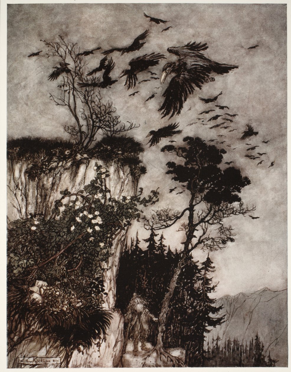 Han besvarades bara av en flock lediga kråkor., från Rip Van Winkle av Washington Irving, pub. 1910 av Arthur Rackham