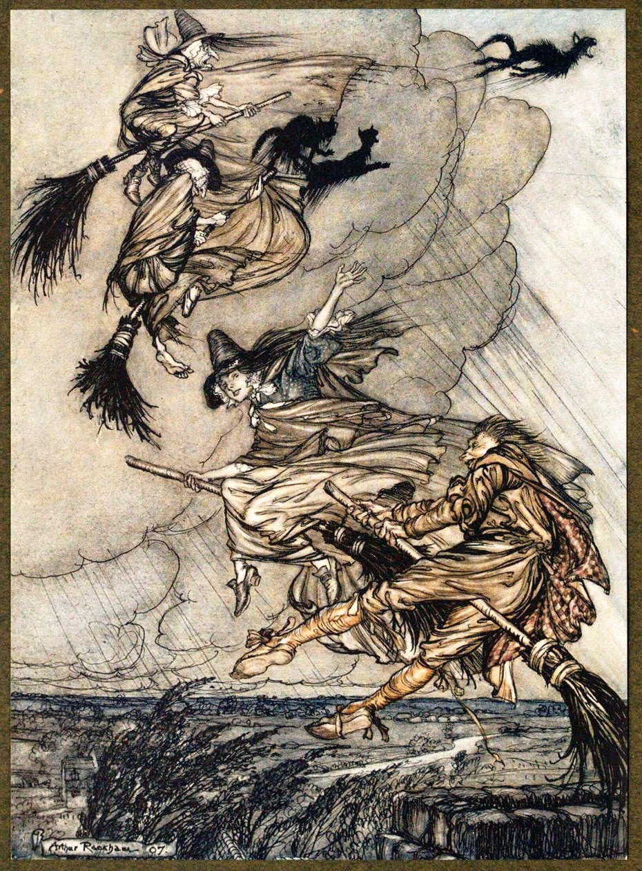 Hallå! Upp genom skorstenen, tjejen! Hej, efter dig!, från The Ingoldsby Legends, pub. 1907. av Arthur Rackham