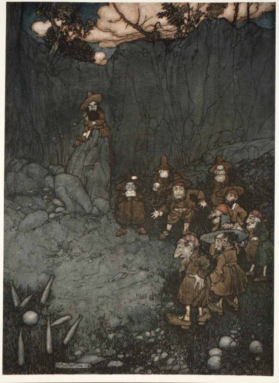 Hans far hade sett dem i sina gamla holländska klänningar spela på niopin., från Rip Van Winkle av Washington Irving, pub. 1910 av Arthur Rackham