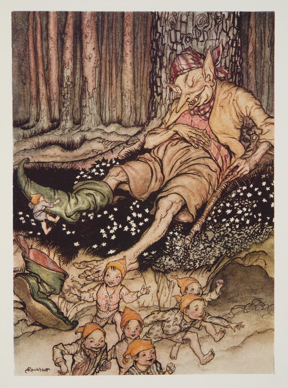 Hop-o-my-thumb gick mjukt upp till Ogre och drog av sig sina sjuliga stövlar, från The Arthur Rackham Fairy Book, pub. 1933 av Arthur Rackham