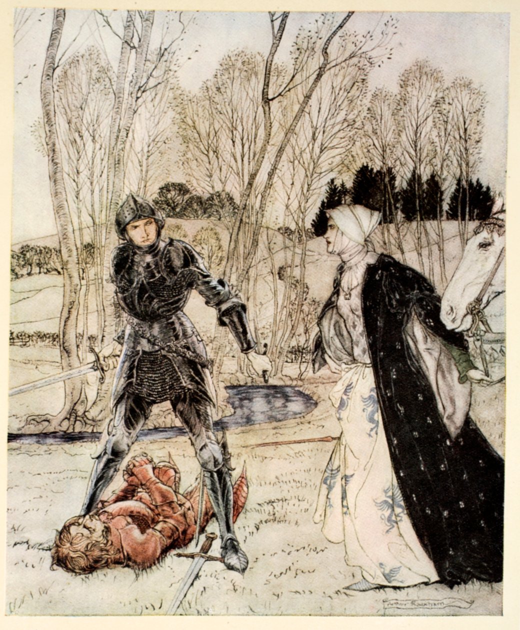 Hur Beaumains besegrade den röde riddaren och alltid flickan talade många fula ord till honom, illustration från 