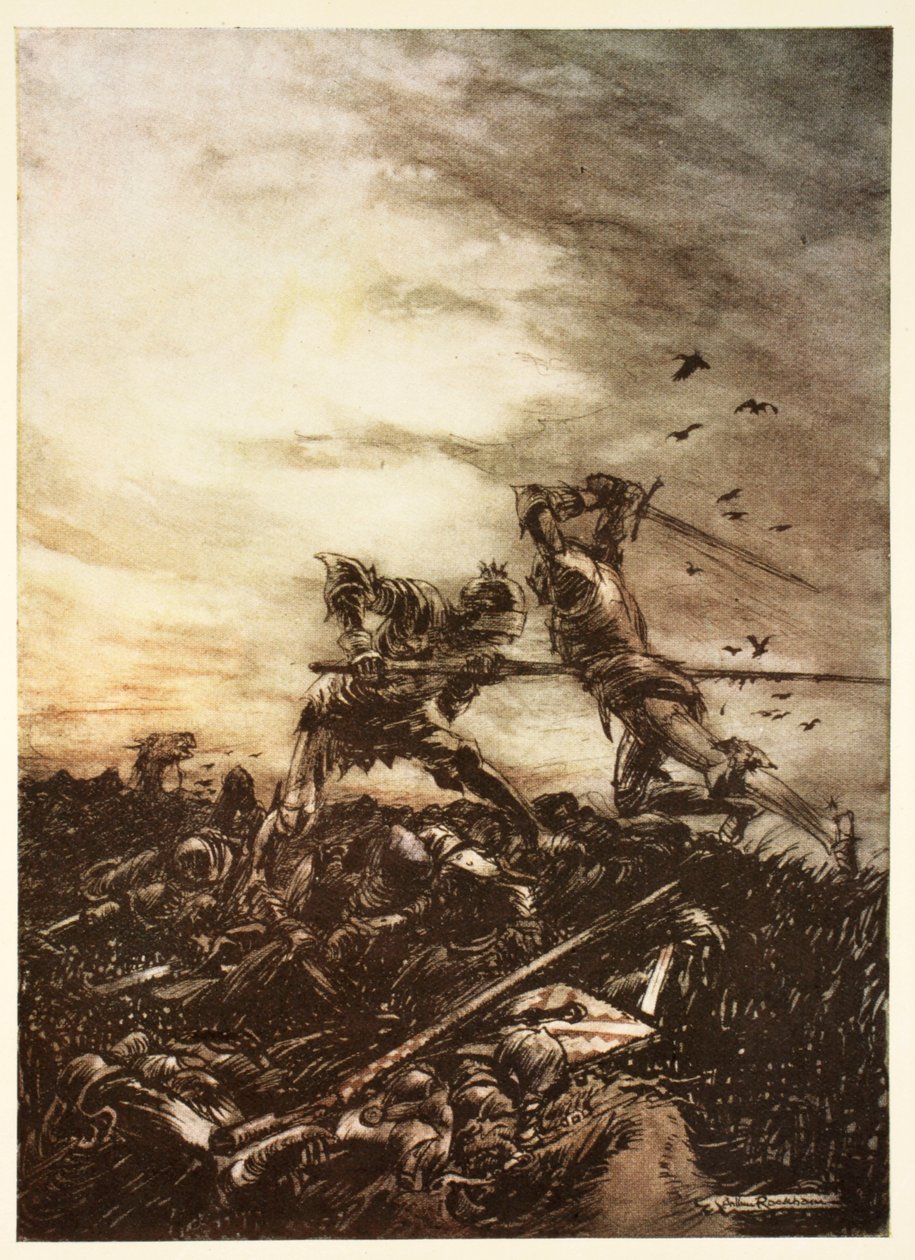 Hur Mordred dödades av Arthur och hur Arthur skadades till döds av honom, illustration från Alfred Pollards "The Romance of King Arthur and His Knights of the Round Table" av Arthur Rackham
