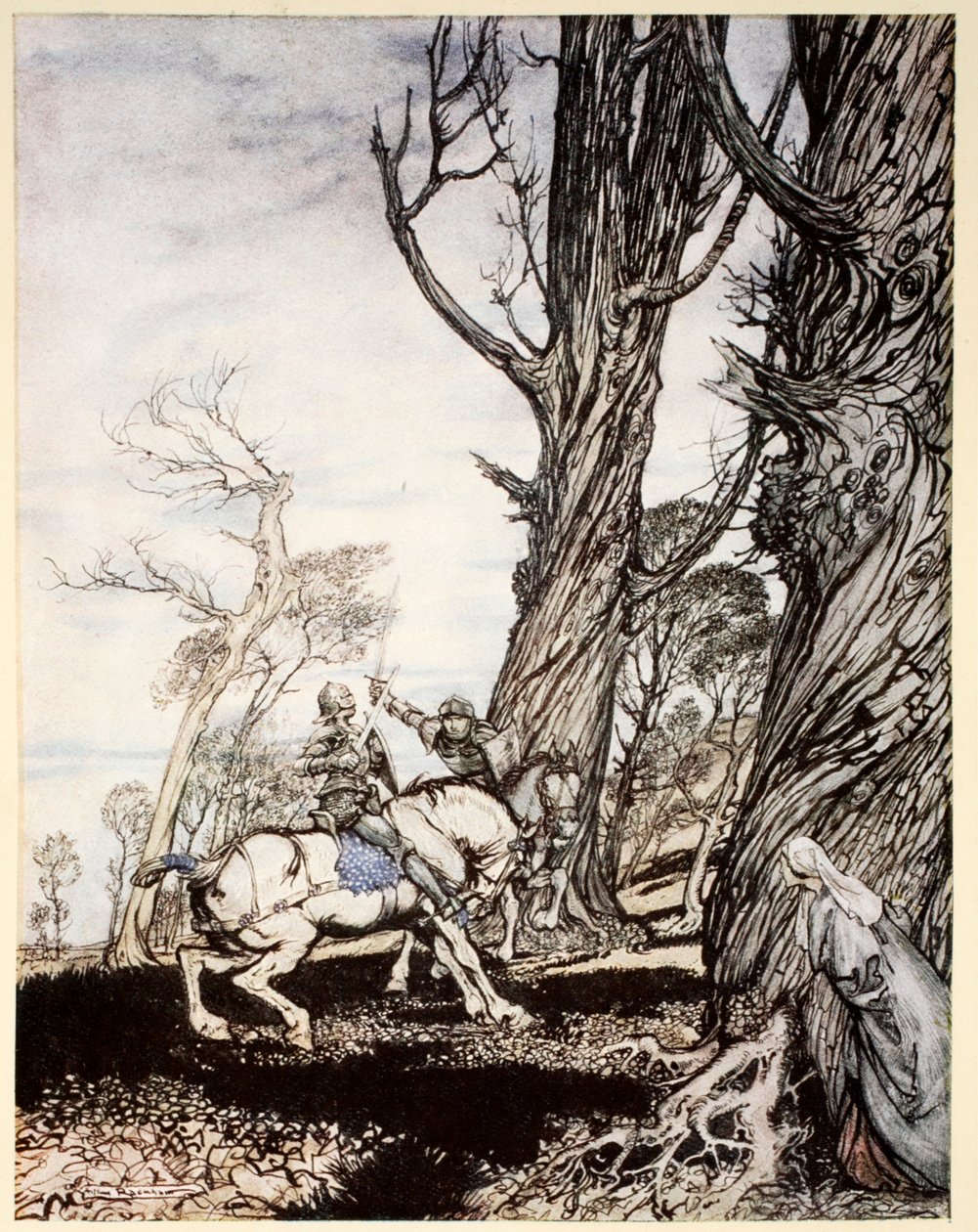 Hur Sir Launcelot dödade riddaren Sir Peris de Forest Savage som gjorde nöd på damer, damer och gentlewomwen, illustration från "The romance of King Arthur and his knights of the Round Table" av A av Arthur Rackham