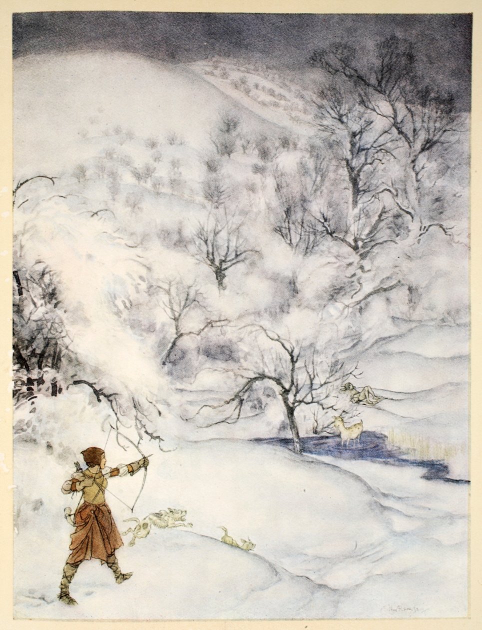 Hur Sir Launcelot sköts av en gentlewoman som jagade, illustration från "The romance of King Arthur and his knights of the Round Table" av Alfred W. Pollard, 1910 av Arthur Rackham