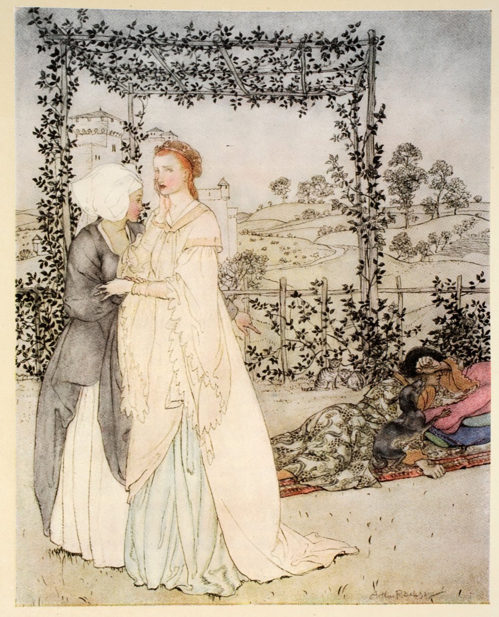 Hur Tristram var känd av den lilla konsolen i trädgården till kung Marks slott, illustration från 