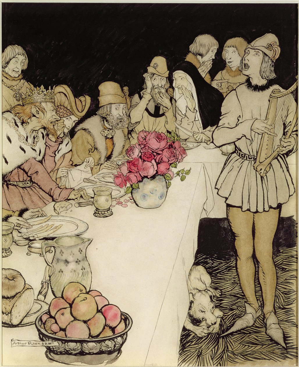 Hur vid en stor fest som kung Mark gjorde kom harparen Eliot och sjöng leken som Dinadan hade gjort (penna och bläck, wc) av Arthur Rackham
