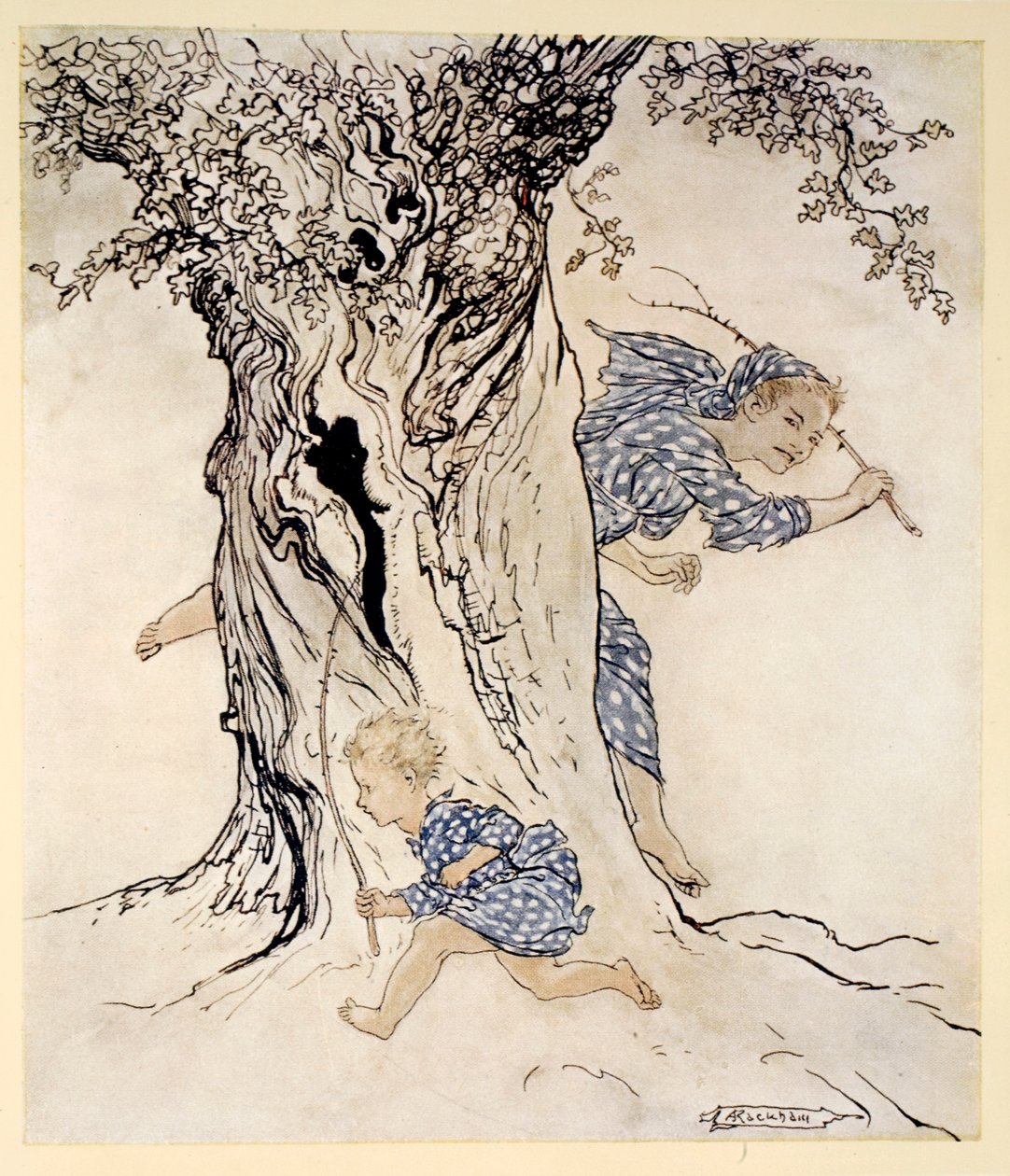 Hur han ansträngde sig och flämtade för att fånga den förföljande personen och förfölja henne och få sin egen övergång till handling, illustration från "Irish Fairy Tales" av James Stephens, 1920 av Arthur Rackham