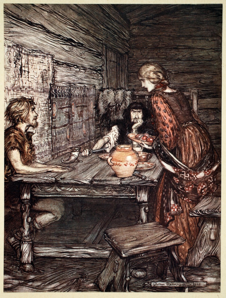 "Hunding upptäcker likheten mellan Siegmund och Sieglunde", 1910. av Arthur Rackham