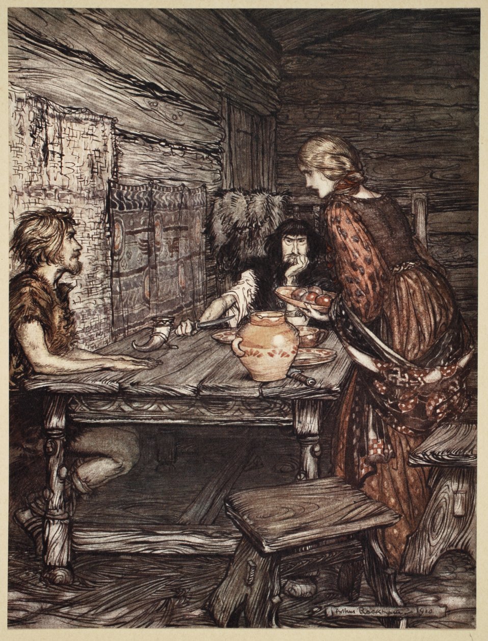 Hunding upptäcker likheten mellan Siegmund och Sieglunde, illustration från 