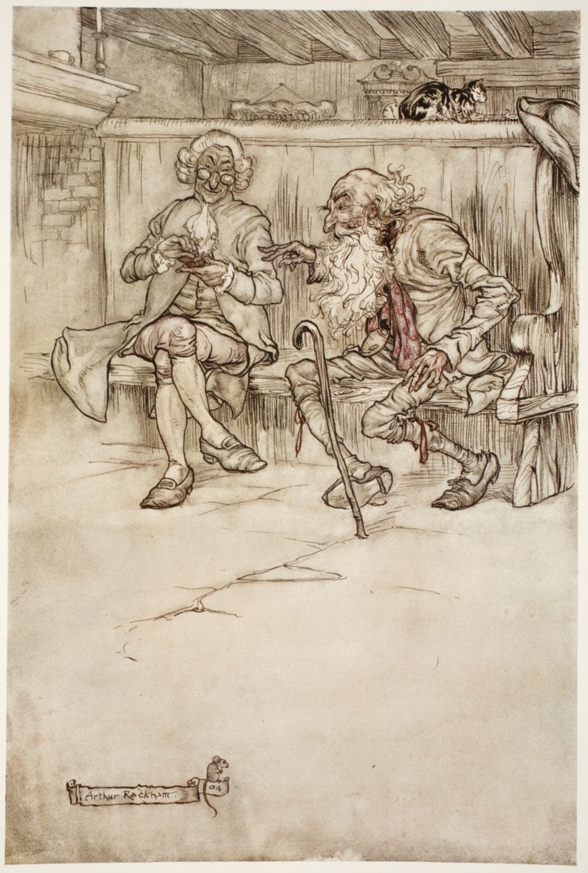 Jag har någonsin pratat med Rip Van Winkle själv, som, när jag senast såg honom, var en mycket sårbar gammal man., från Rip Van Winkle av Washington Irving, pub. 1910 av Arthur Rackham