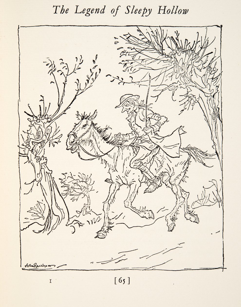 Ichabod Crane flyr från den huvudlösa ryttaren, från The Legend of Sleepy Hollow av Washington Irving (1783 - 1859), pub. 1928 av Arthur Rackham