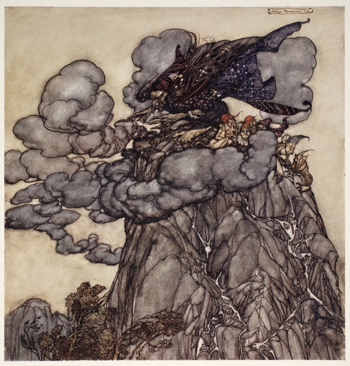 Om hon var missnöjd, skulle hon brygga upp moln svarta som bläck, sittande mitt bland dem som en flaskbukad spindel mitt i sitt nät; när dessa moln brast, ve dalarna!, från Rip Van av Arthur Rackham