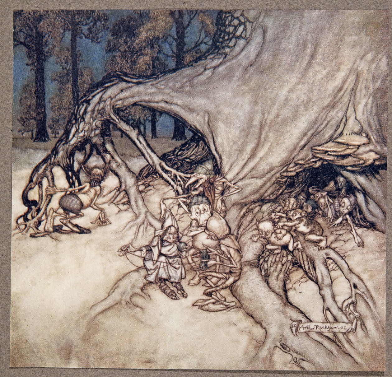 Om de dåliga bland älvorna råkar vara ute, från Peter Pan i Kensington Gardens av J M Barrie (1860 - 1937), pub. 1906 av Arthur Rackham