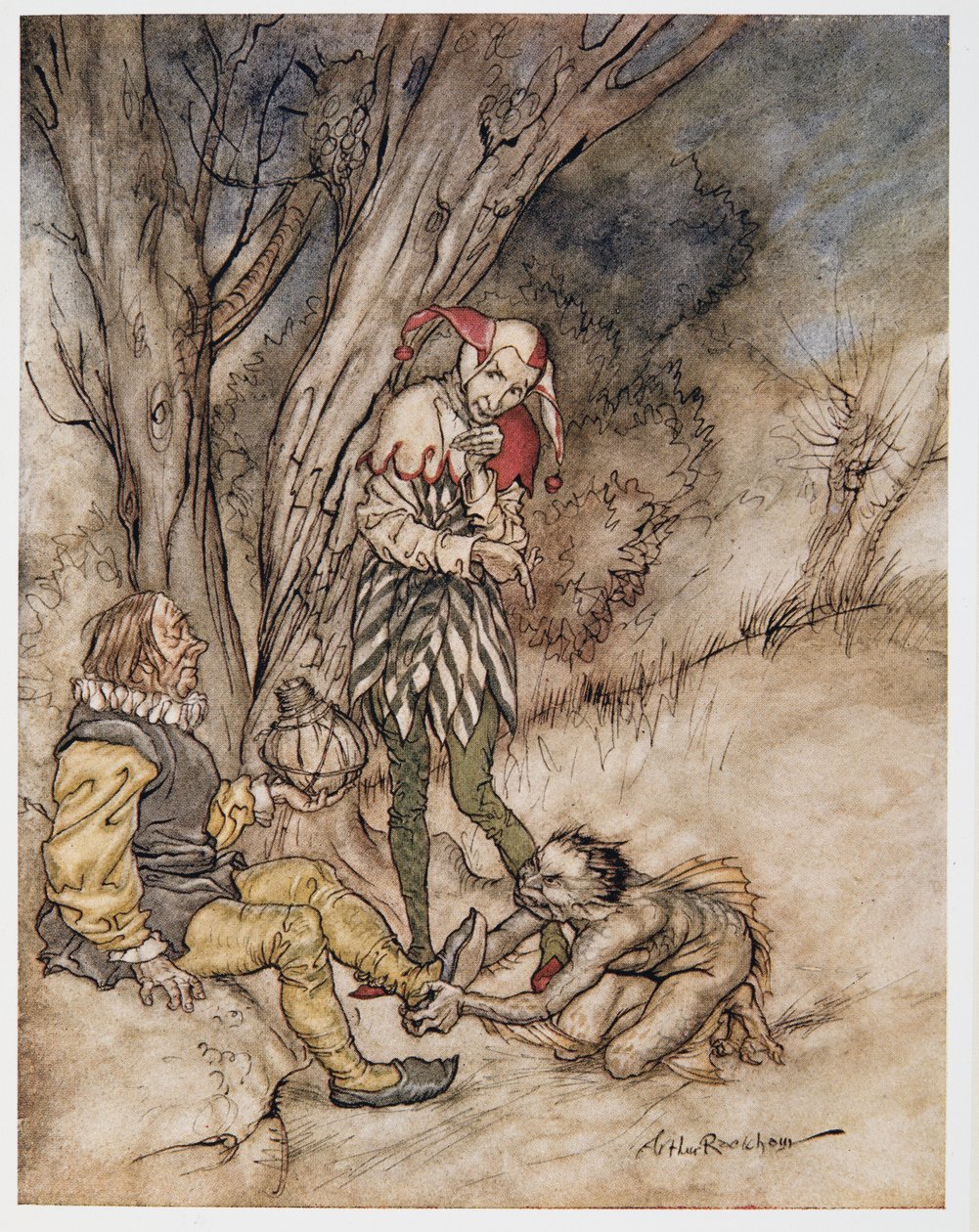 Ill kiss they foot: Ill swear myself the subject, illustration från William Shakespeares The Tempest, pub. 1926 av Arthur Rackham