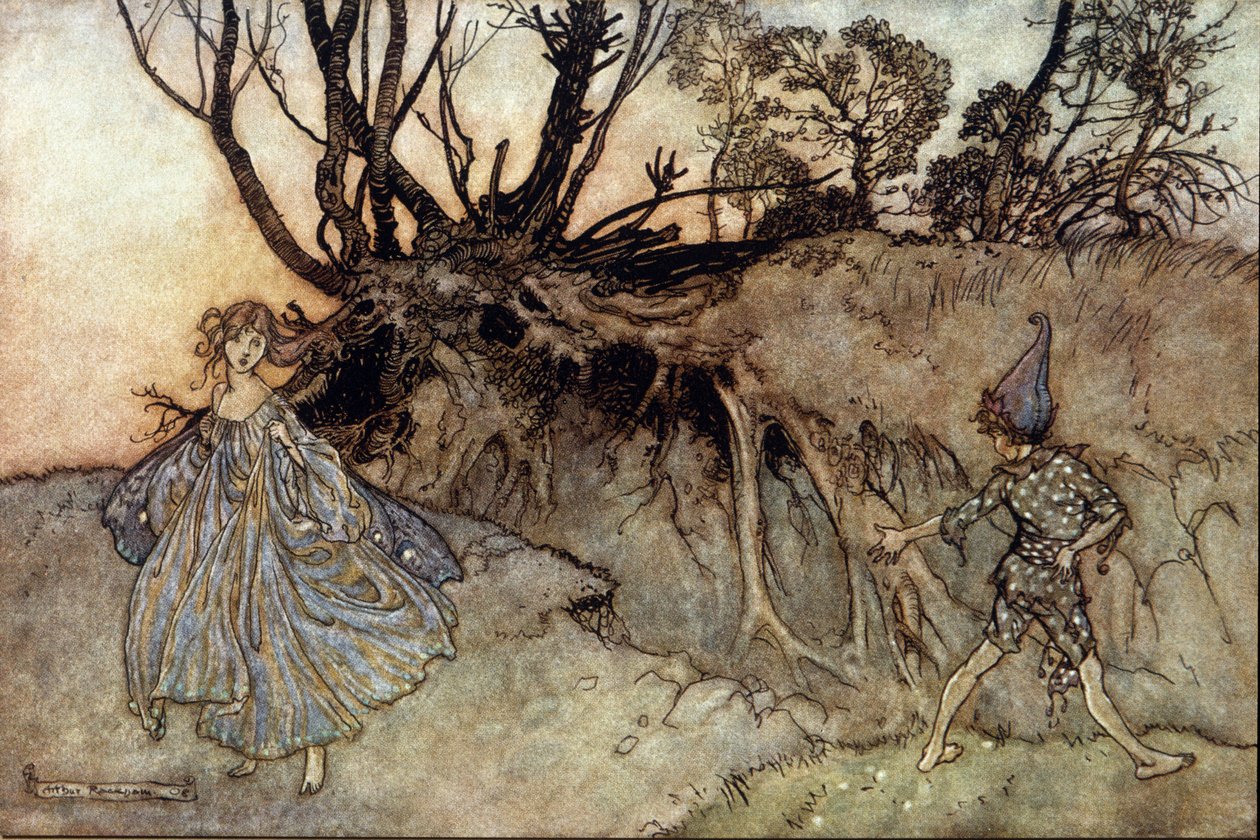 Illustration av Arthur RACKHAM (1867-1939) för The Dream of a Summer Night av William SHAKESPEARE av Arthur Rackham