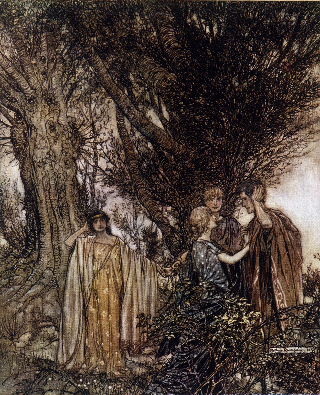 Illustration av Arthur RACKHAM (1867-1939) för The Dream of a Summer Night av William SHAKESPEARE av Arthur Rackham
