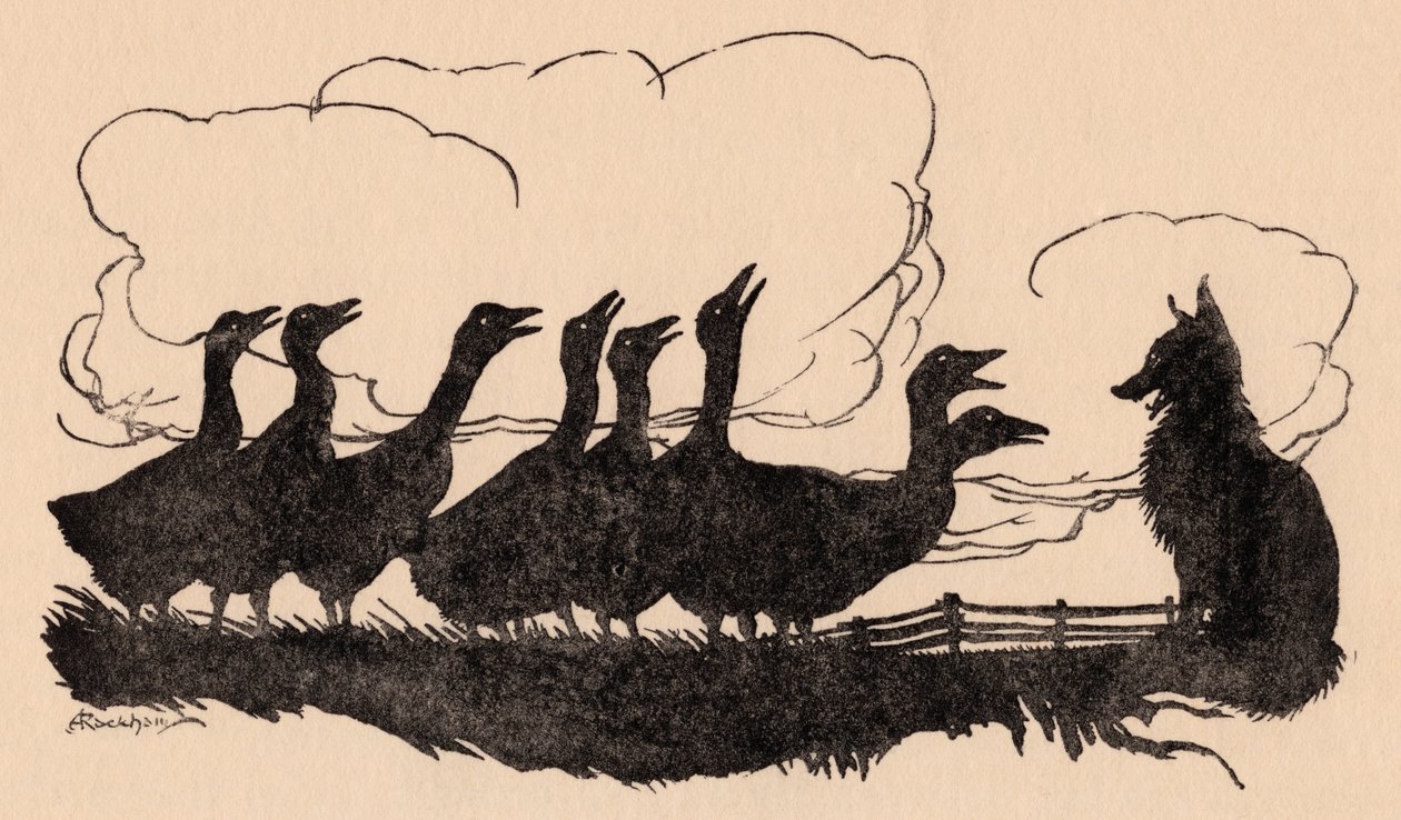 Illustration av Arthur Rackham från Grimms saga, räven och gäss. av Arthur Rackham