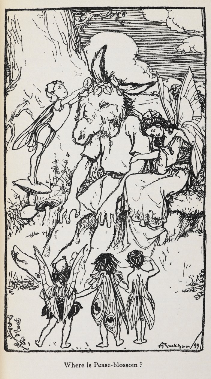 Illustration från En midsommarnattsdröm med älvor och en man med rumpahuvud. av Arthur Rackham
