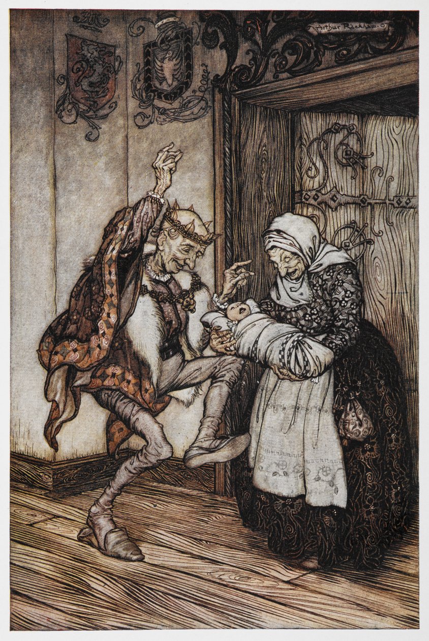 Illustration från Briar Rose av en äldre kungar och drottning och deras baby. av Arthur Rackham