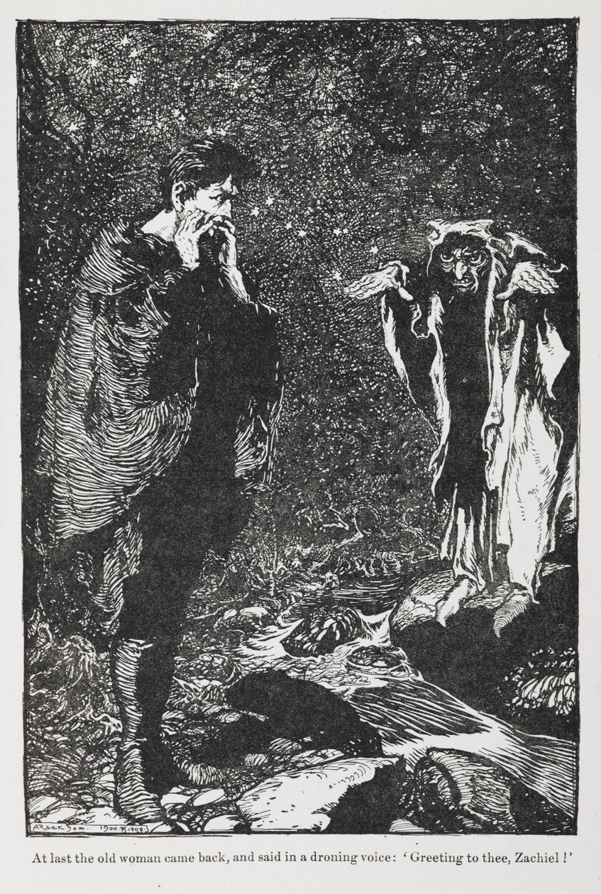Illustration från Jorinda och Joringel av Zachiel och den gamla kvinnan. av Arthur Rackham
