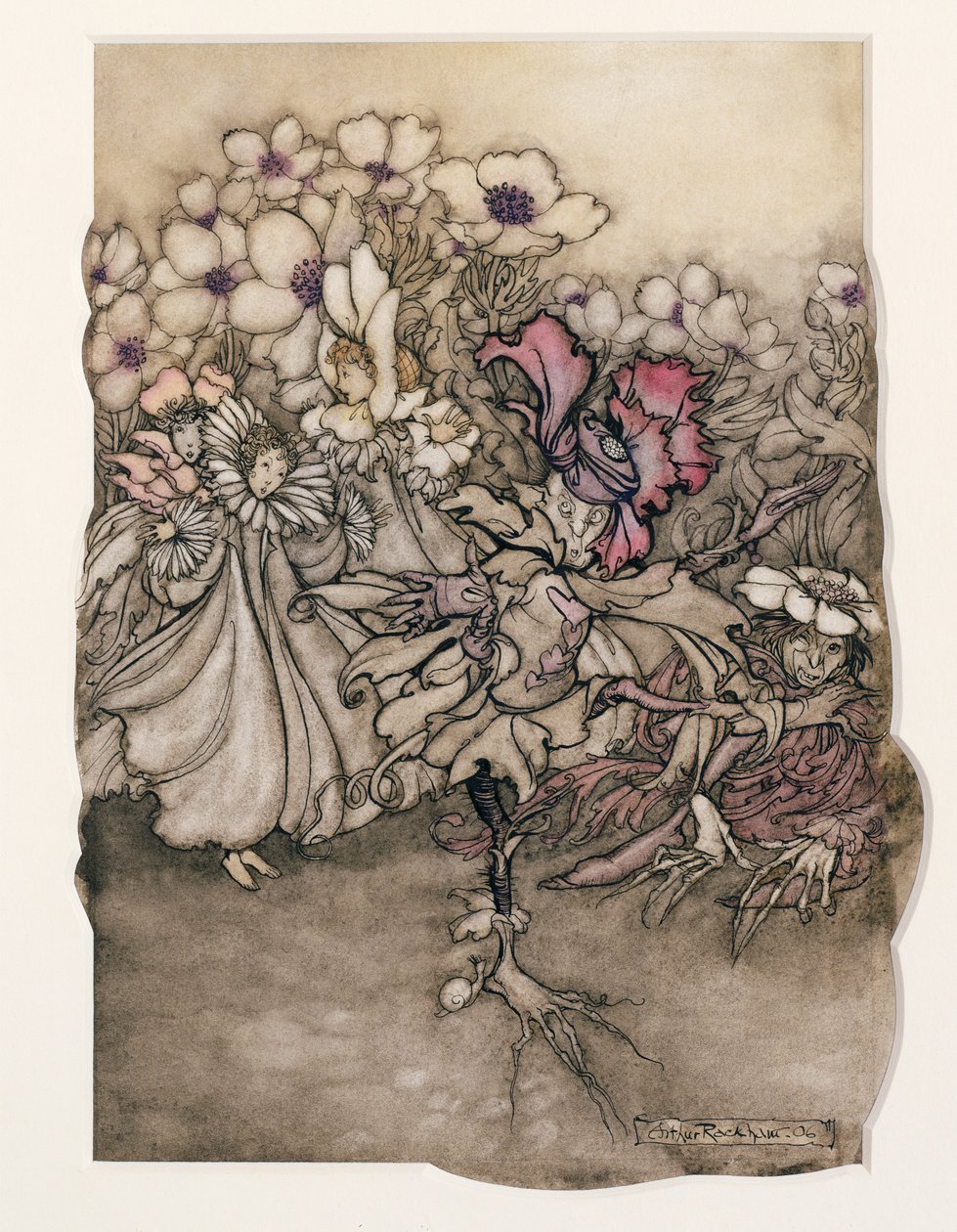 Illustration från Peter Pan i Kensington Gardens av J.M. Barrie (1860-1937) 1906 (penna och bläck med wc på papper) av Arthur Rackham