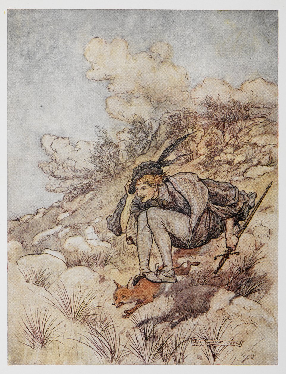 Illustration från The Golden Bird. En prins som rider på en räv. av Arthur Rackham