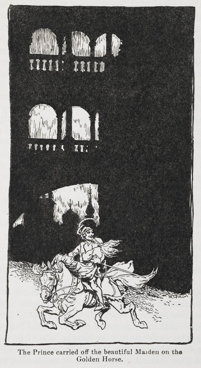 Illustration från Guldfågeln när prinsen bär bort jungfrun till häst. av Arthur Rackham