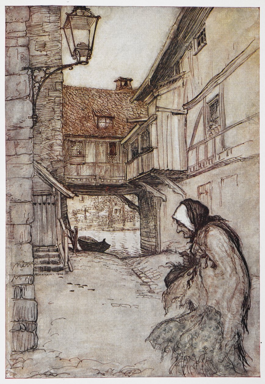 Illustration från Halmen, kolet och bönan. av Arthur Rackham