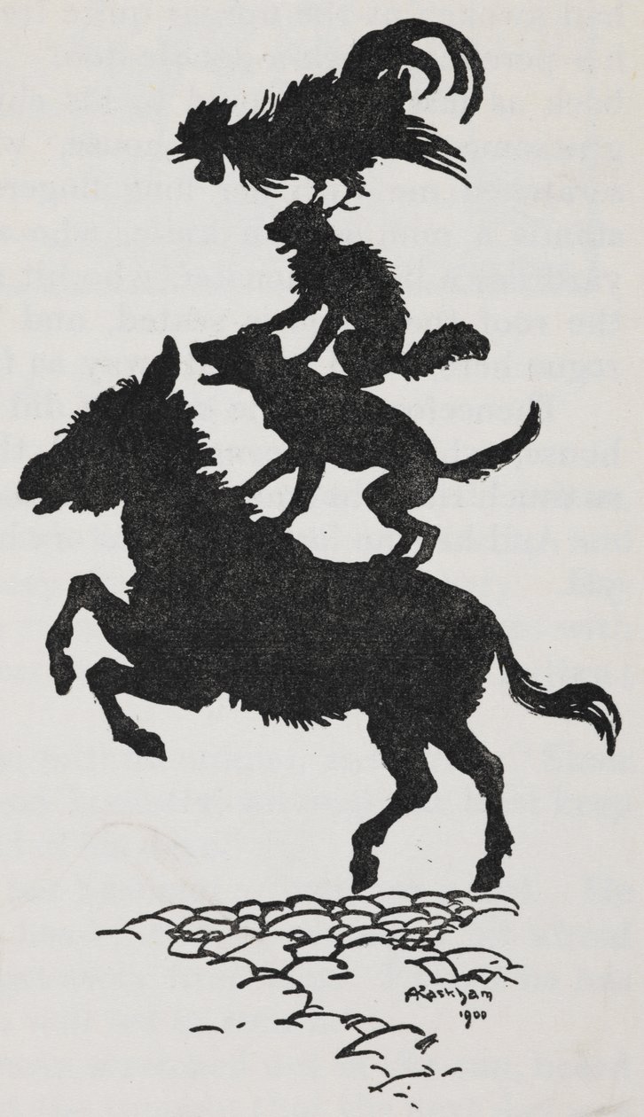 Illustration från Bremen Town Musicians av en åsna, hund, katt och tupp. av Arthur Rackham