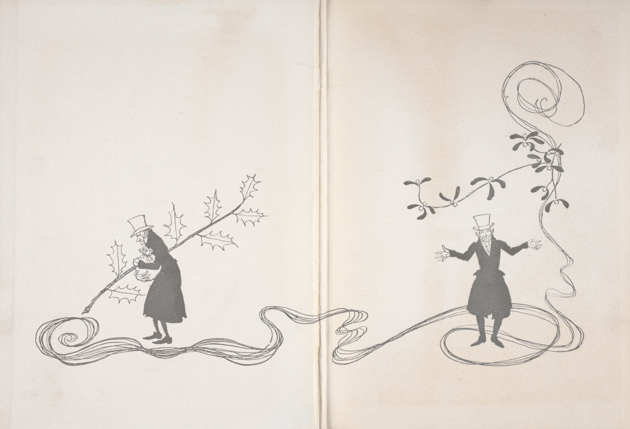 Illustration av Scrooge. På ena sidan avbildas han av en kvist järnek, som håller i en påse pengar och ser arg ut. På den andra är han avbildad med en kvist mistel som ser glad ut. av Arthur Rackham